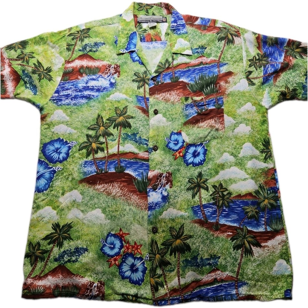 Pineapple Connection HeyMan Men's L Hawaiian Shirt Green Rayon Tropical Aloha